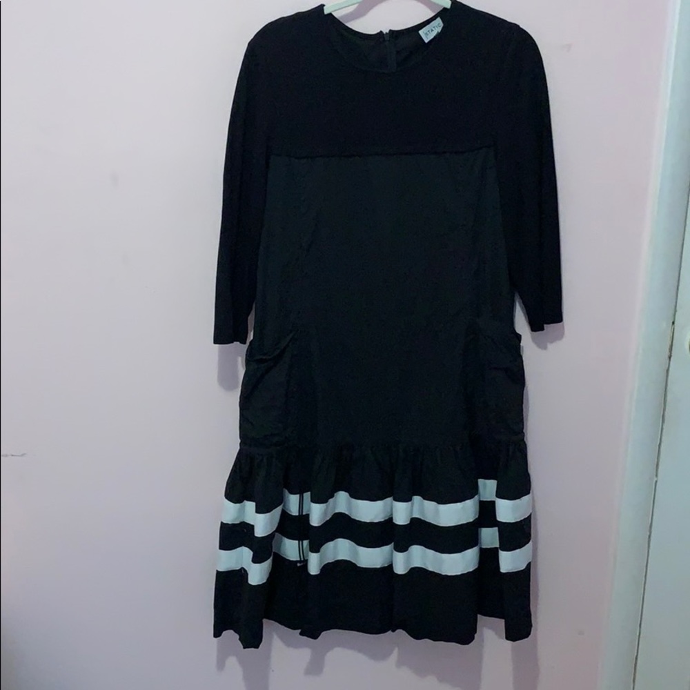 Black dress with white stripe, pockets,draw string